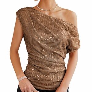 GRACE KARIN One Shoulder Sequin Sparkly Top Asymmetrical Gold Sparkle Large NWT